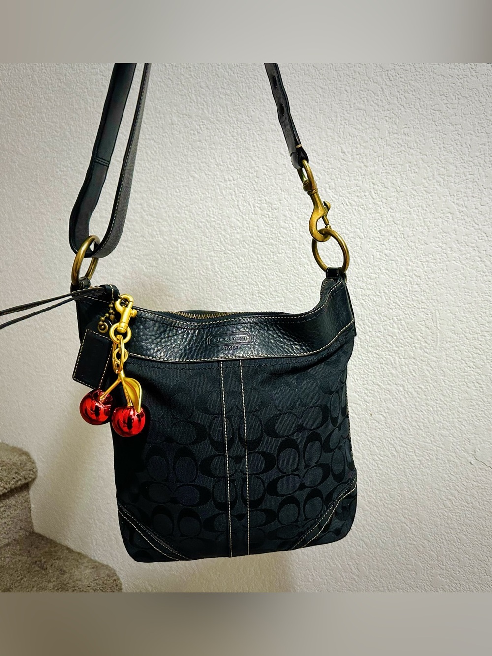 Vintage Coach Black Signature Canvas Shoulder Bag with Red Cherry Charm - Picture 14 of 14